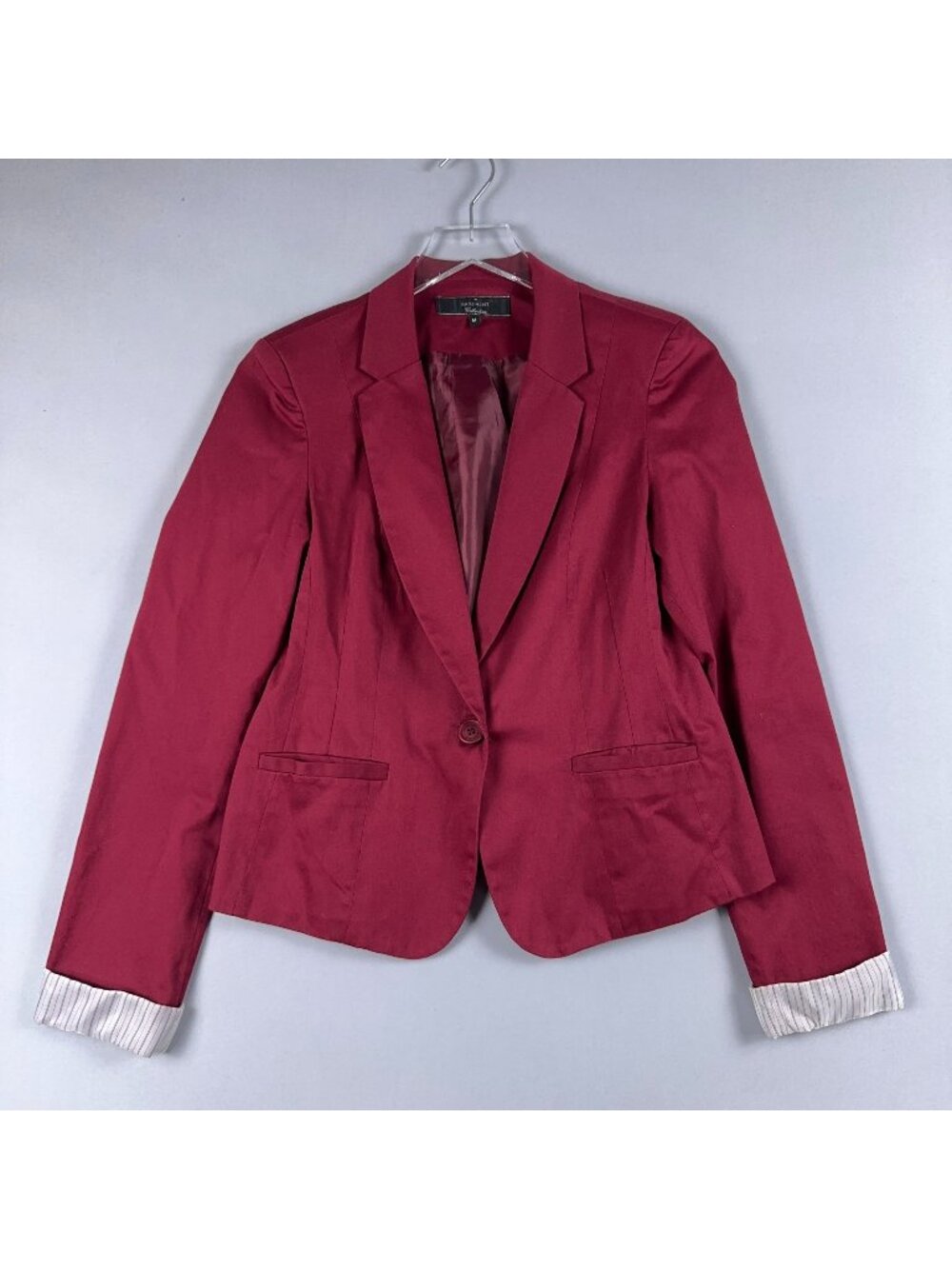 Basement Collection Blazer Jacket Size Medium Red Striped Lined Rolled Cuffs